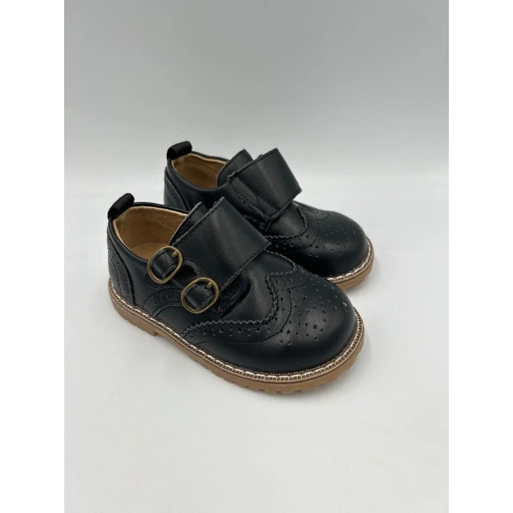 CCTWINS Kids Black Wingtip Brogue Double Monk Strap Dress Shoes Size 23 165